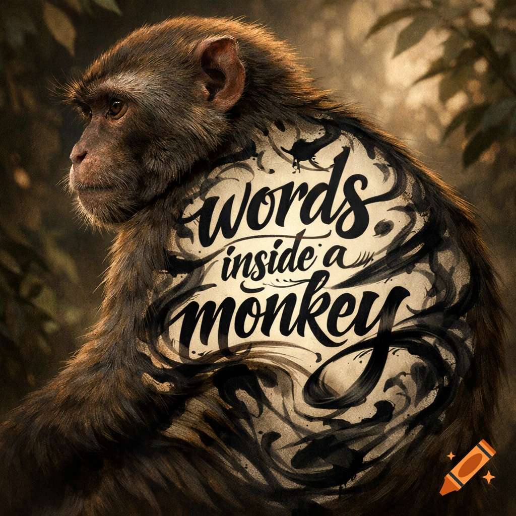 A detailed illustration of a monkey with the phrase 'words inside a monkey' calligraphically inscribed on its back, surrounded by ink splashes.