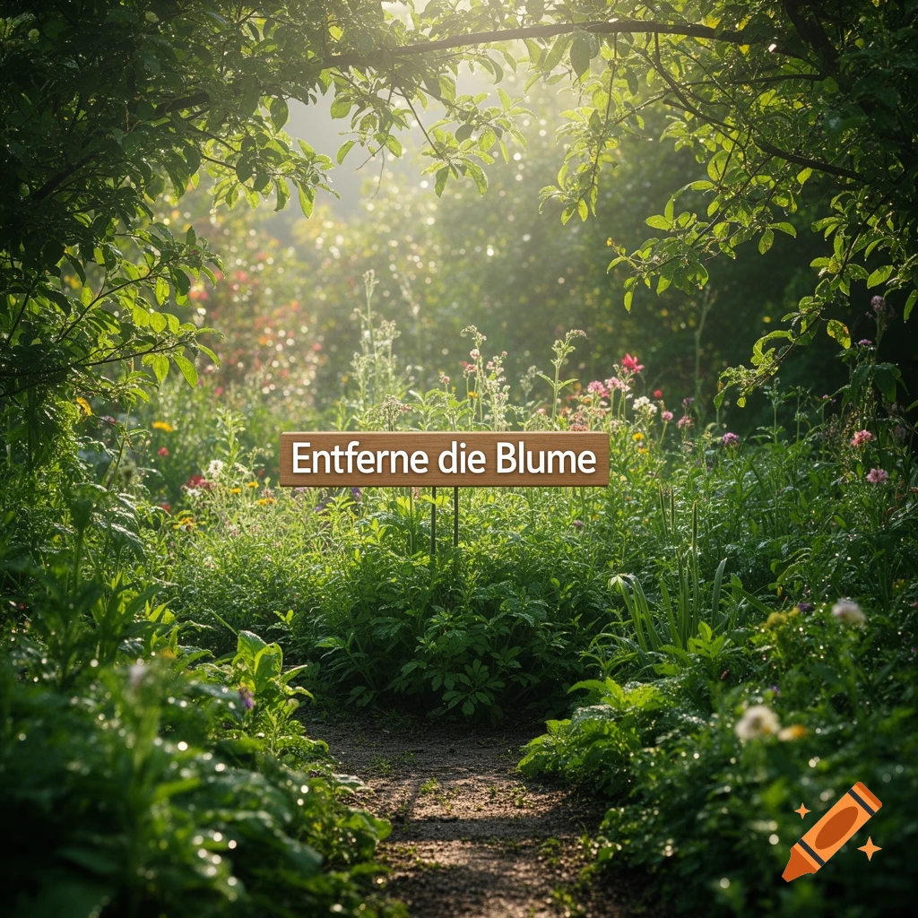 A sunlit, winding path through a lush green garden filled with plants and flowers, with a wooden sign in the center reading 'Entferne die Blume'.