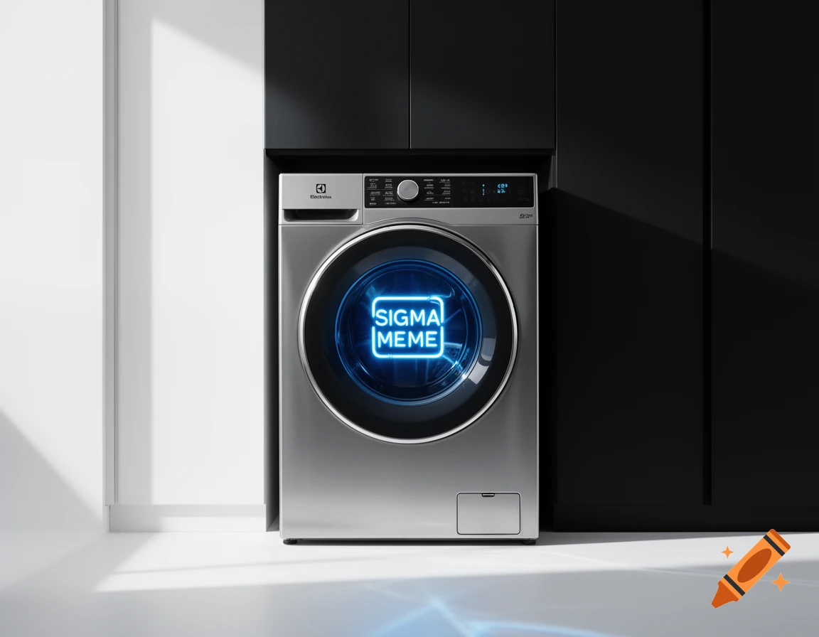 A silver Electrolux washing machine with a glowing blue 'SIGMA MEME' display in a modern laundry room.