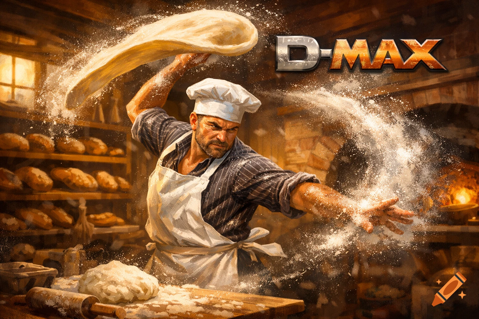 A strong baker in a chef's hat and apron dynamically tosses pizza dough, sending flour flying, in a rustic bakery. D-MAX logo in corner.