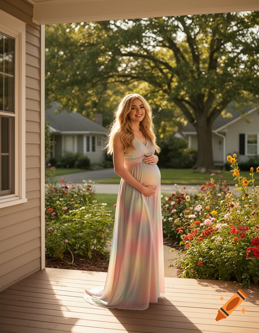 A smiling pregnant woman with long blonde hair stands on a porch, cradling her belly while wearing a flowing pastel rainbow dress. A garden and houses are in the sunny background.
