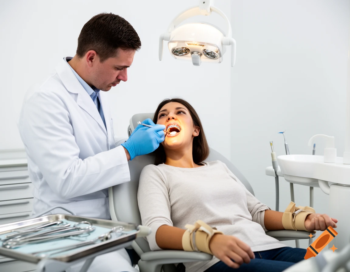 A male dentist wearing a white coat and blue gloves examines a female patient's teeth in a dental chair. The patient has braces and arm restraints.