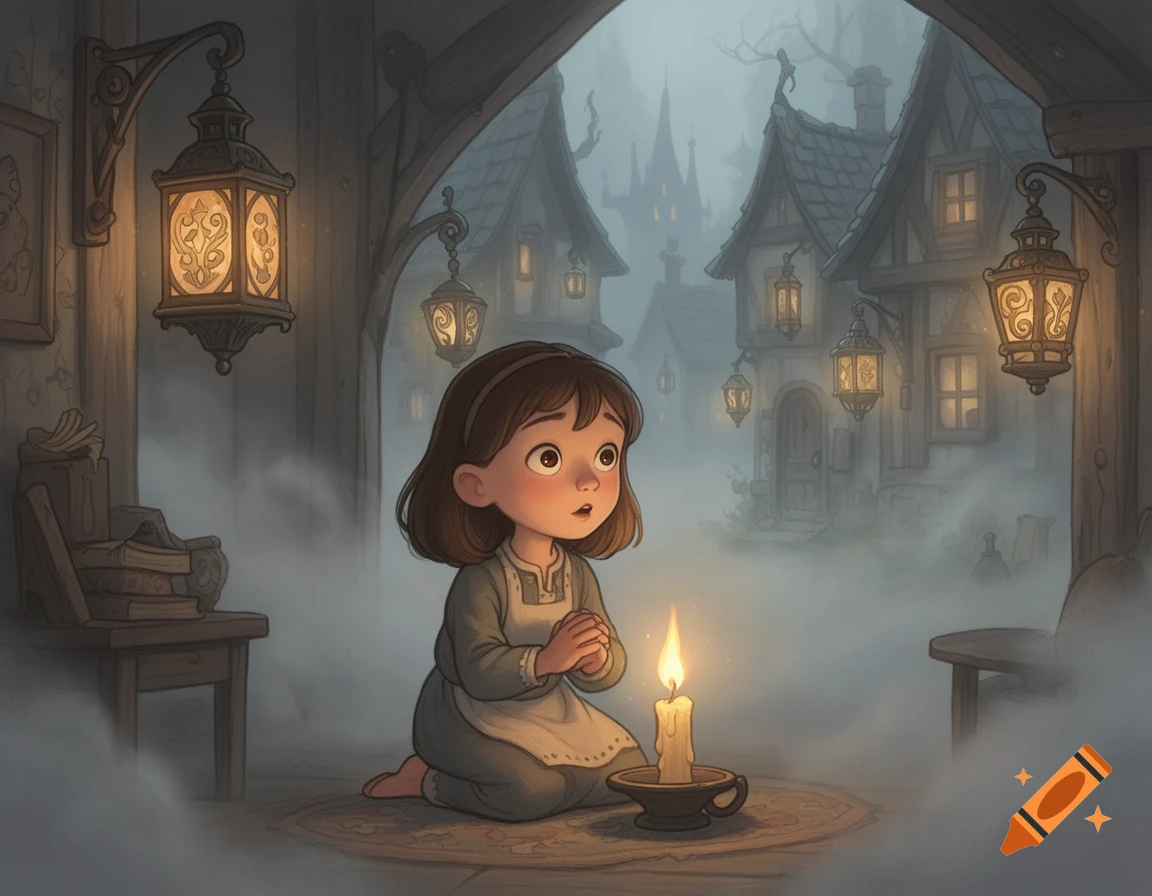 Cartoon illustration of a young girl kneeling before a flickering candle, looking up in wonder, in a foggy, mysterious village.