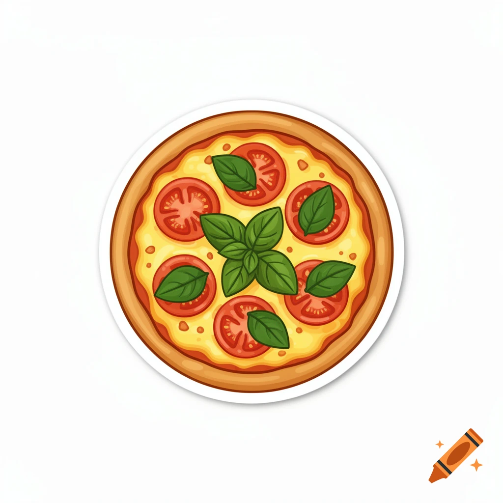An illustrated round pizza sticker with melted cheese, tomato slices, and a large bunch of basil in the center, on a white background.