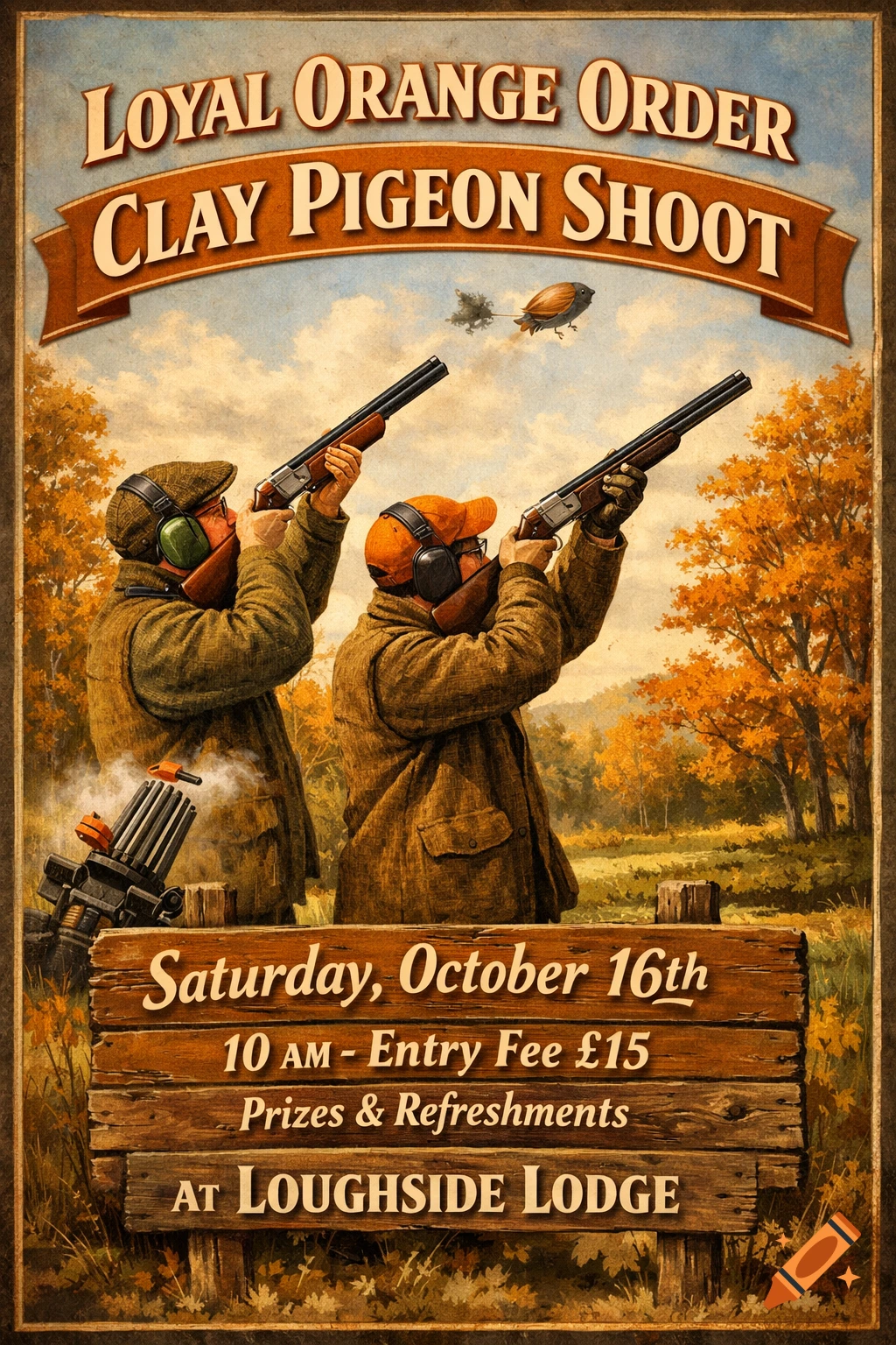 Vintage poster for a 'Loyal Orange Order Clay Pigeon Shoot' showing two men with shotguns in an autumn landscape.