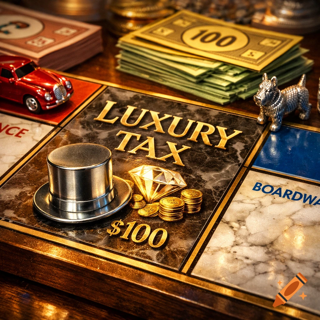 A photorealistic close-up of a Monopoly board, featuring the 'Luxury Tax' square with a top hat token, diamond, and gold coins, next to stacks of '100' bills.