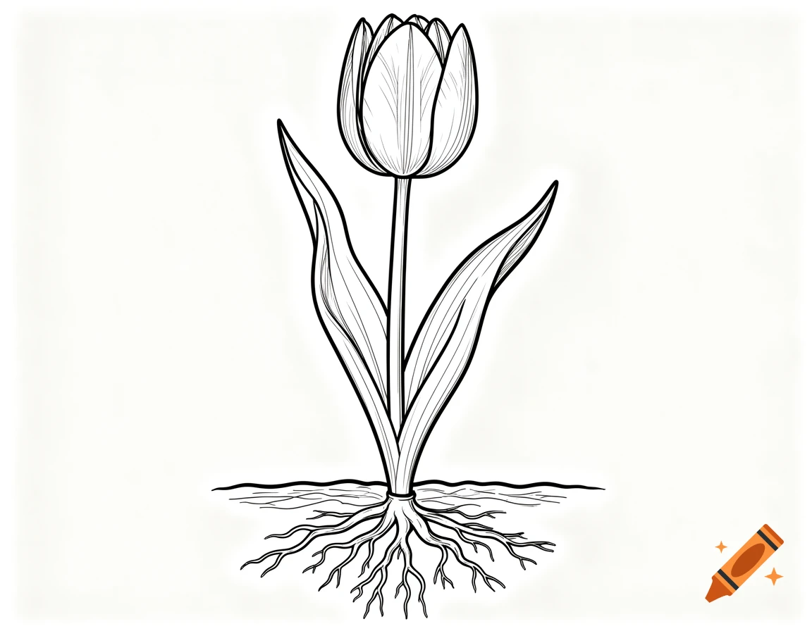 Black and white line drawing of a tulip with visible roots, suitable for a coloring page.