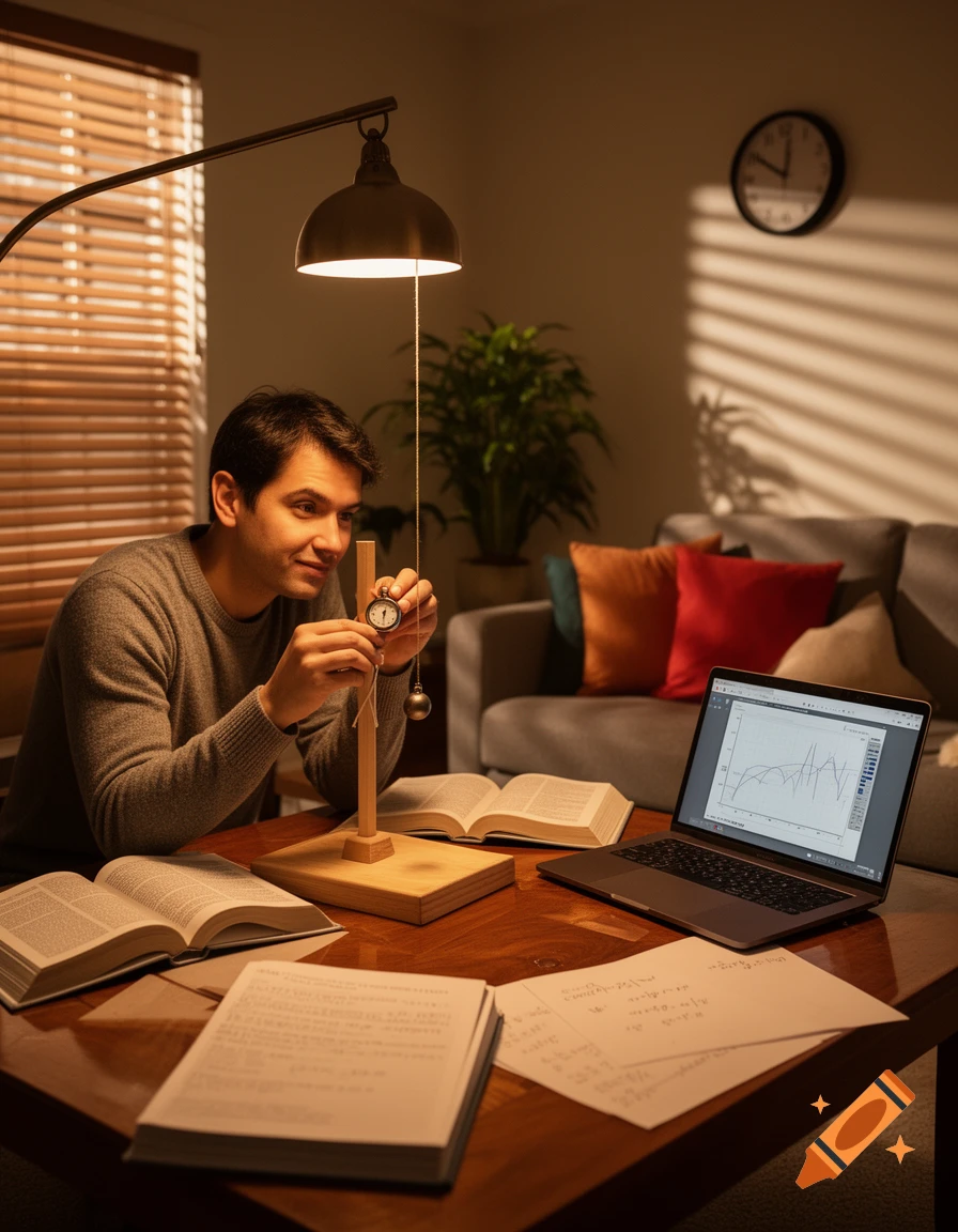 A man in a cozy home setting uses a stopwatch and pendulum to measure gravity, with open books and a laptop showing graphs on a wooden table.