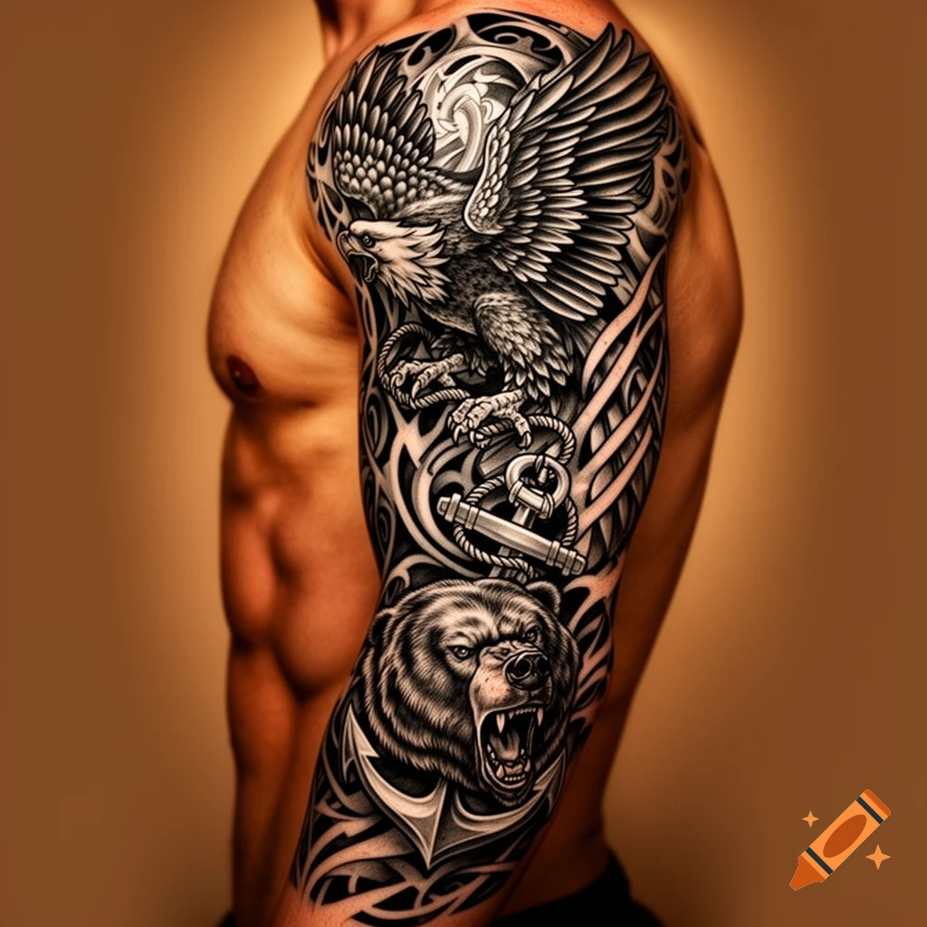 Muscular man's arm and torso with a black and grey full sleeve tattoo featuring an eagle, anchor, and roaring bear.