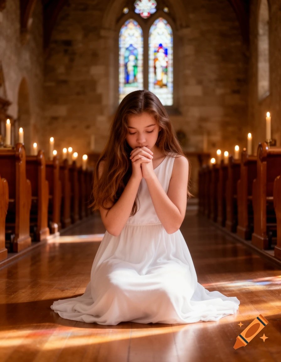 A young girl with long brown hair kneels in prayer in a church, bathed in sunlight from stained glass windows.