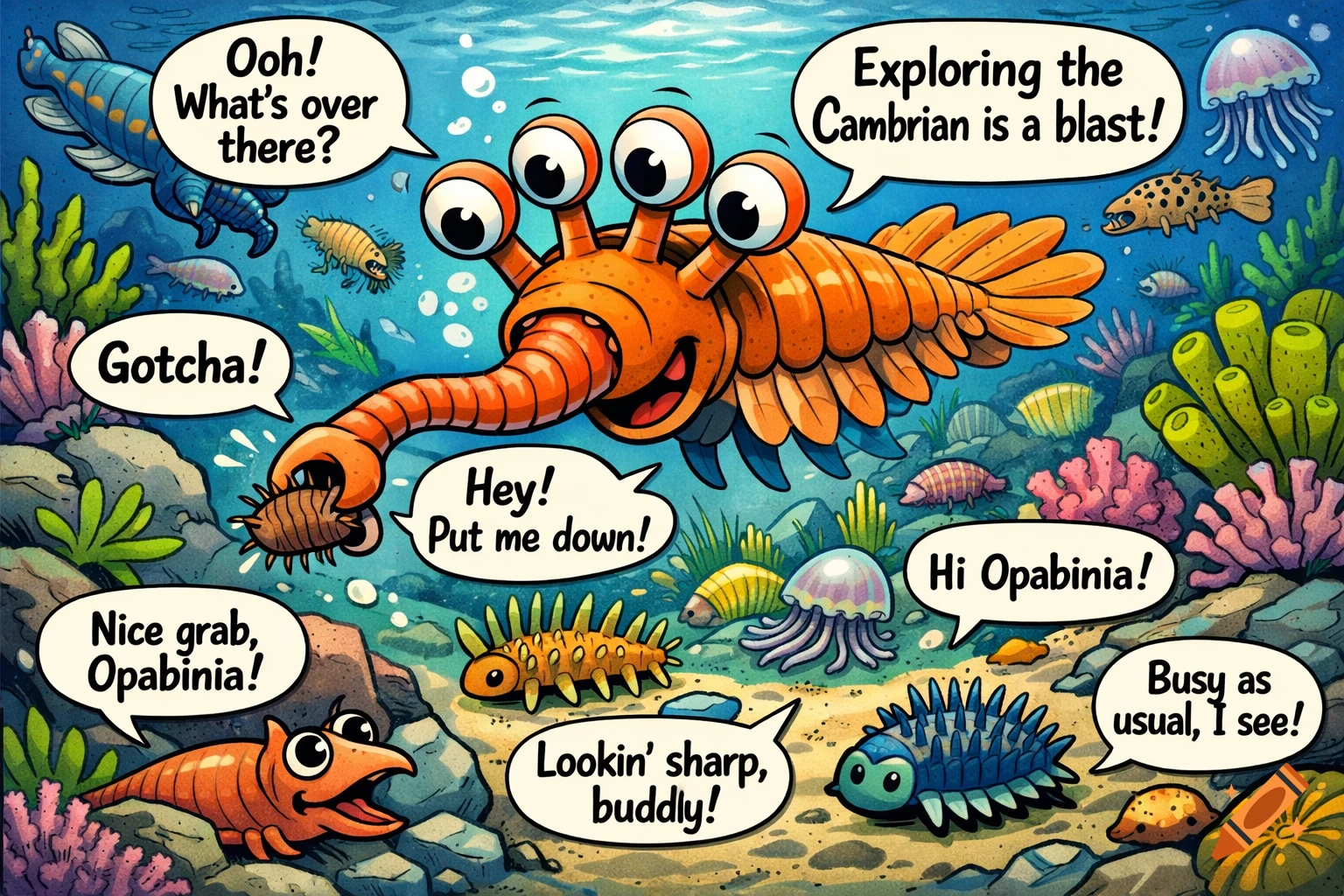 A vibrant cartoon underwater scene with prehistoric sea creatures, including a five-eyed Opabinia, interacting with speech bubbles.