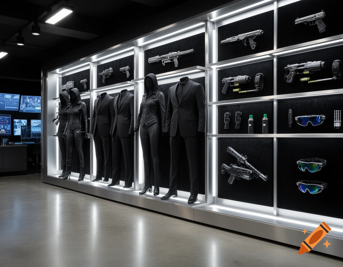 A dark, modern spy room displaying black hooded suits on mannequins and various weapons like guns, grenades, and futuristic gadgets on illuminated shelves.