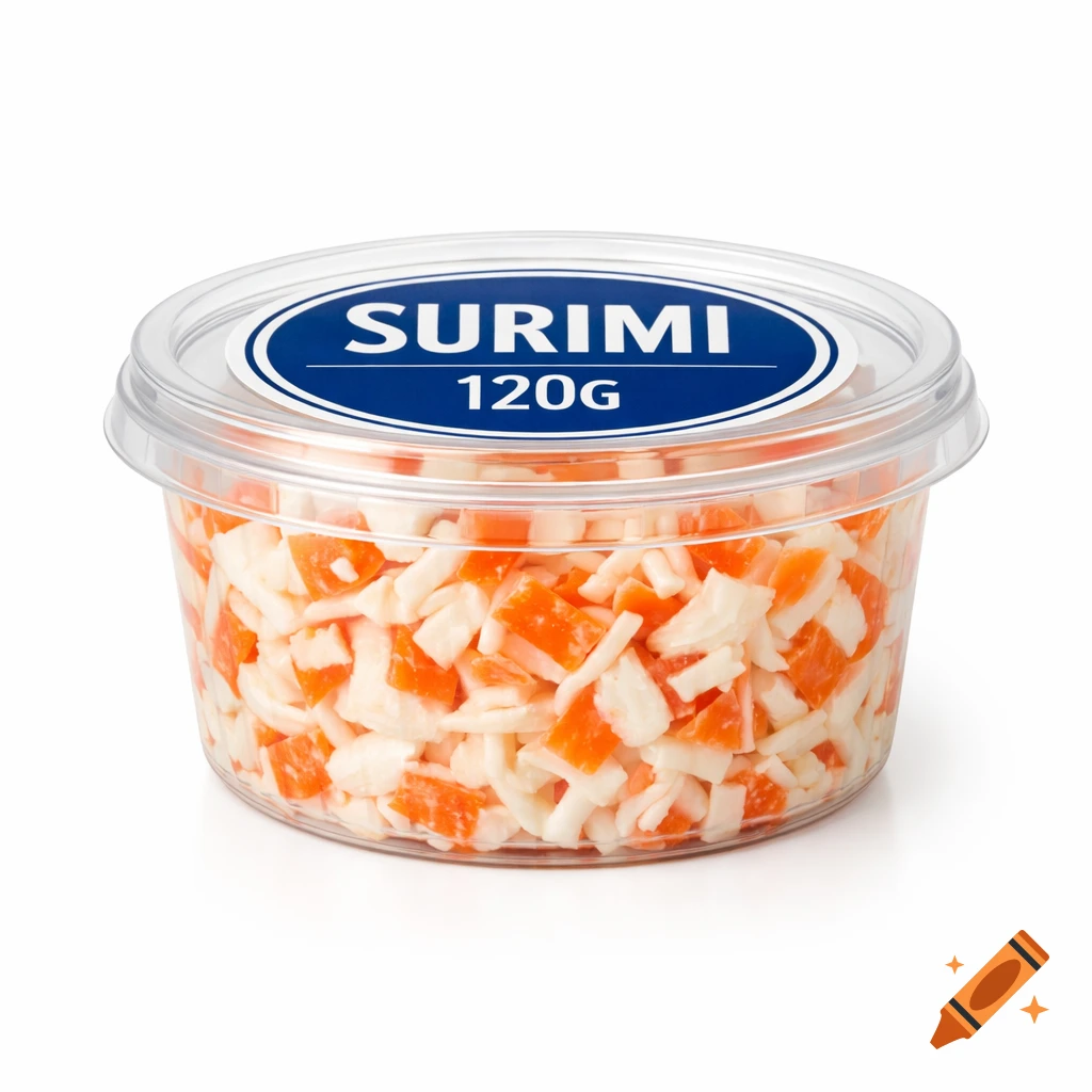 Photorealistic clear plastic tub of surimi salad with a blue 'SURIMI 120G' label on a white background.