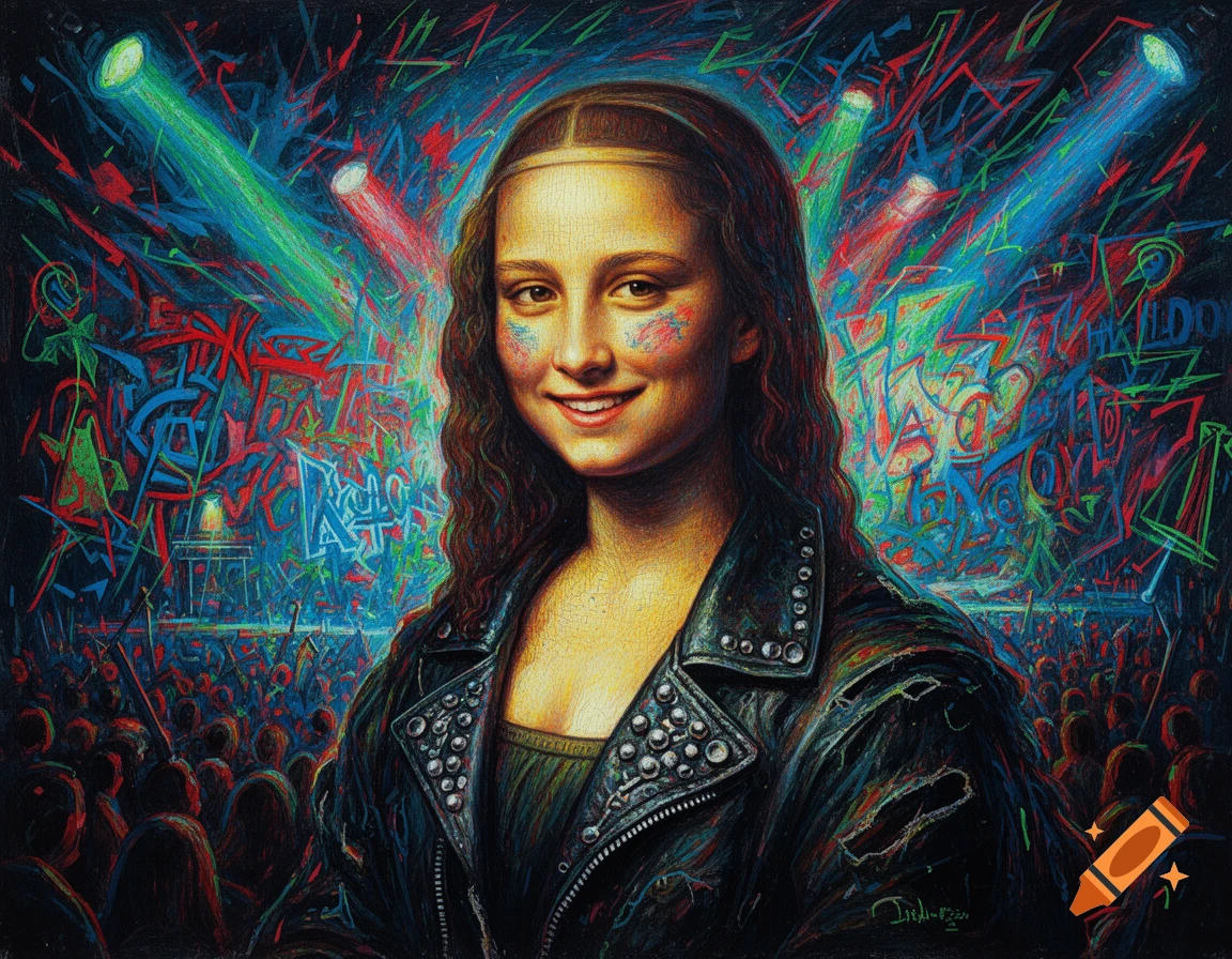 Mona Lisa in a studded leather jacket, smiling at a rock concert with colorful graffiti and spotlights in the background.