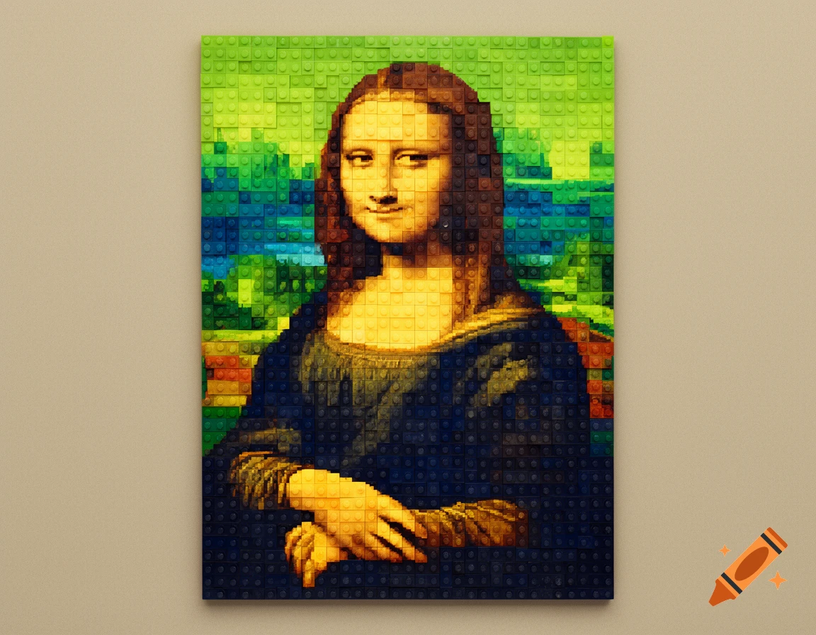 A vibrant Lego mosaic depicting Leonardo da Vinci's Mona Lisa, rendered in various colored bricks.