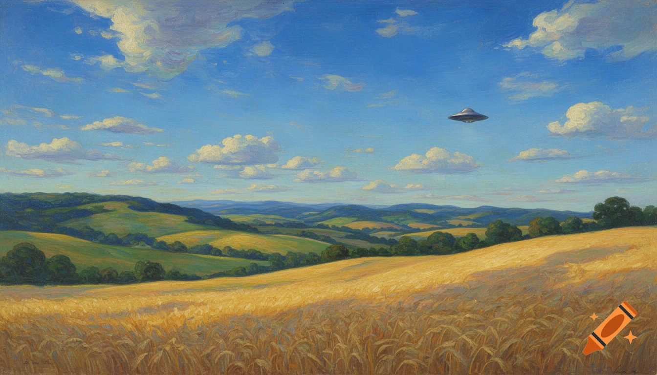 Painting of a golden wheat field and green hills under a blue sky with a small UFO hovering above.