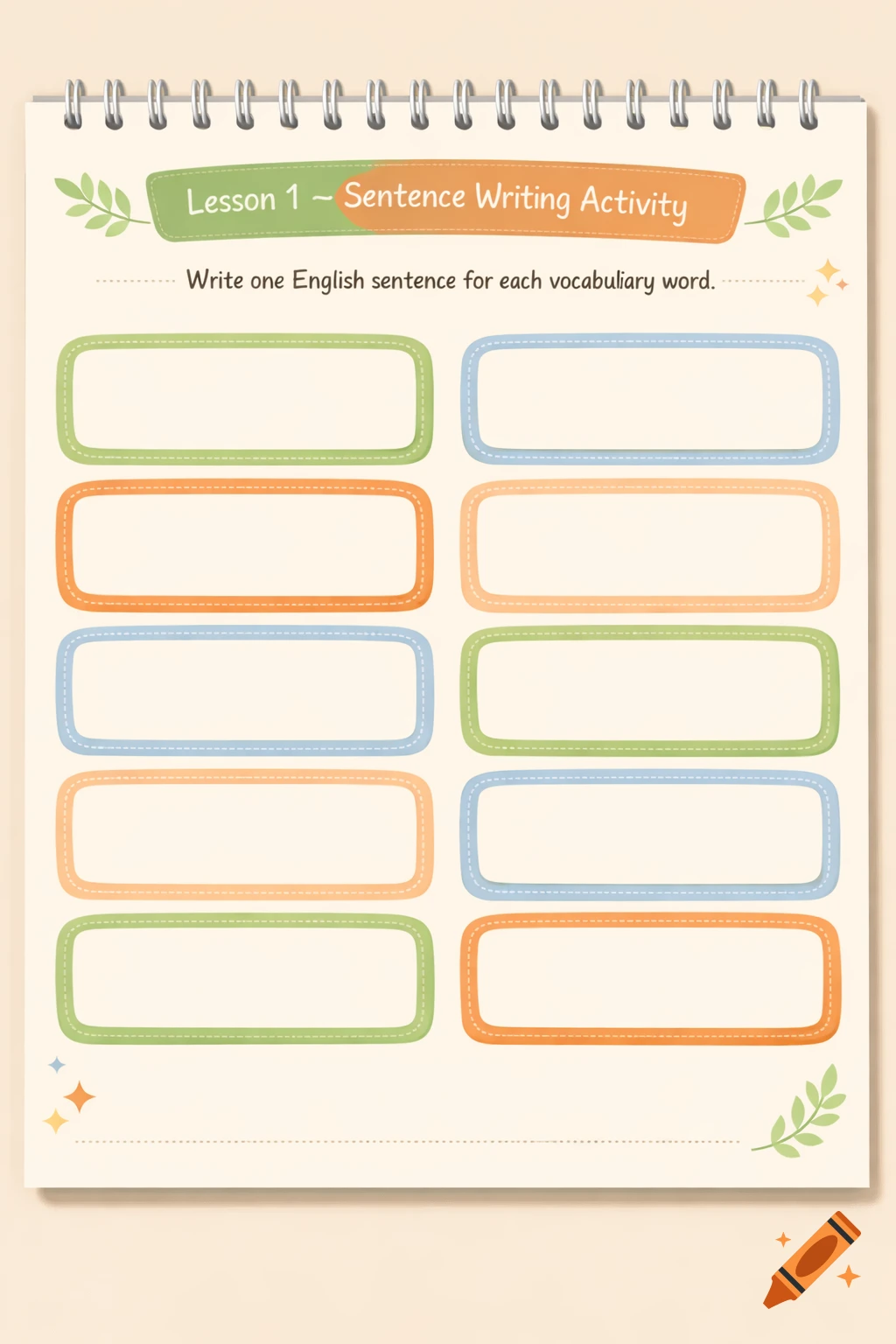 A pastel-colored English sentence writing activity worksheet from a spiral notebook, featuring a title banner and ten blank, rounded text boxes.