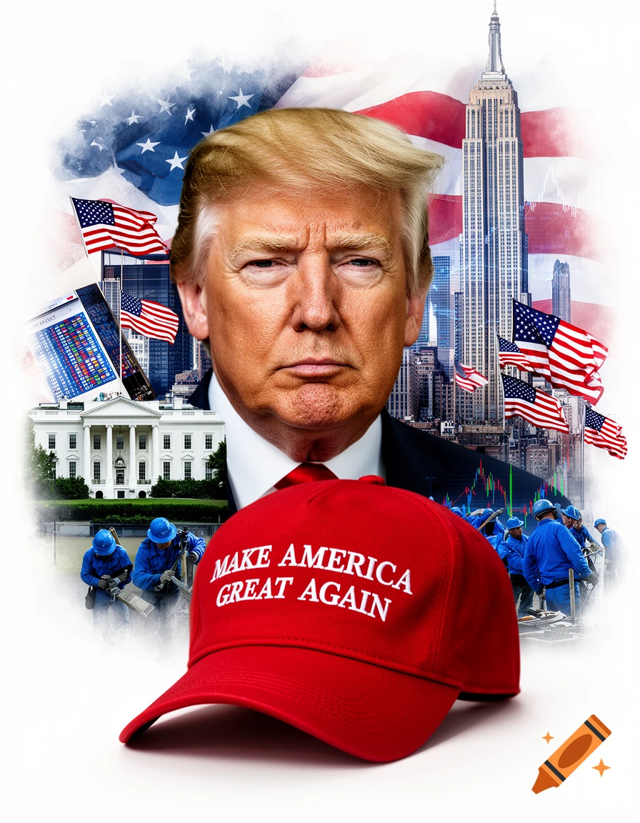 Photorealistic composite of Donald Trump, a "MAKE AMERICA GREAT AGAIN" hat, US flag, White House, and cityscape with workers.
