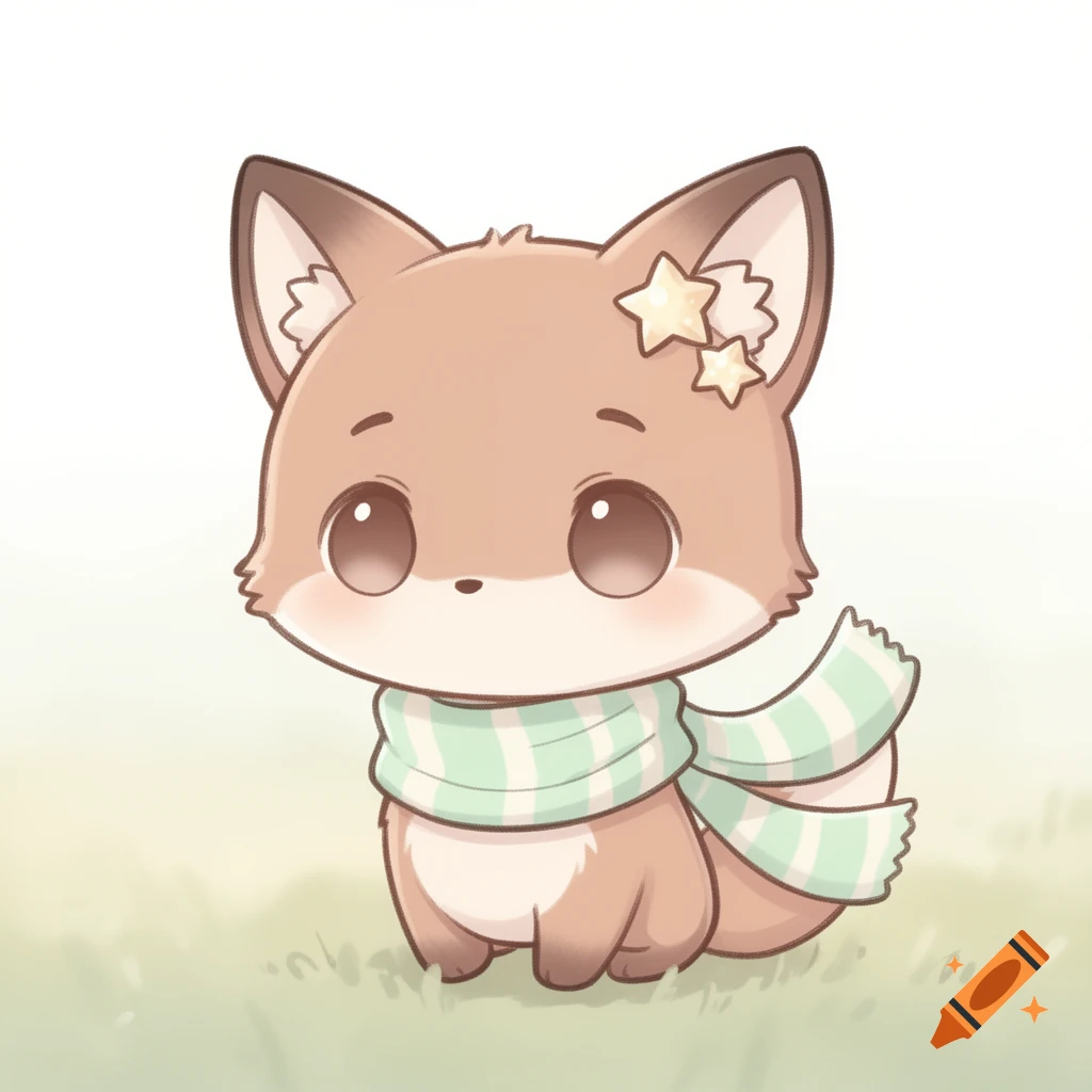 Chibi fox with big eyes, a star hairpin, and a pastel green and white striped scarf, in an illustrated webtoon style.