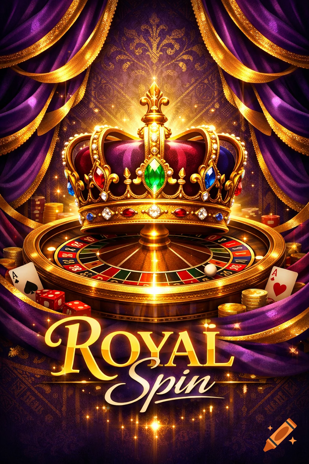 A vibrant, luxurious poster for 'Royal Spin' featuring a golden crown, a roulette wheel, playing cards, and dice, framed by purple and gold curtains.