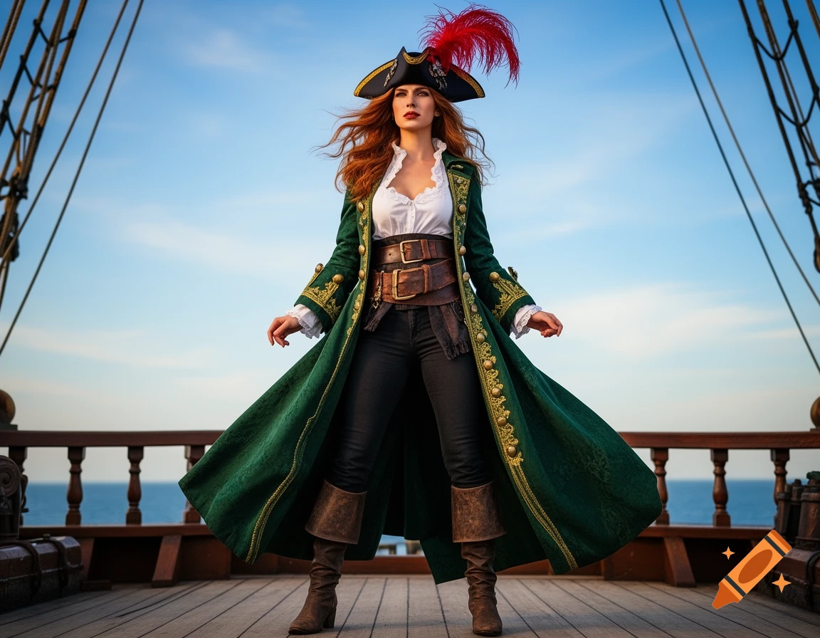 A striking, photorealistic image of a woman dressed as a pirate in a green coat and hat with a red feather, standing on a ship deck under a blue sky.