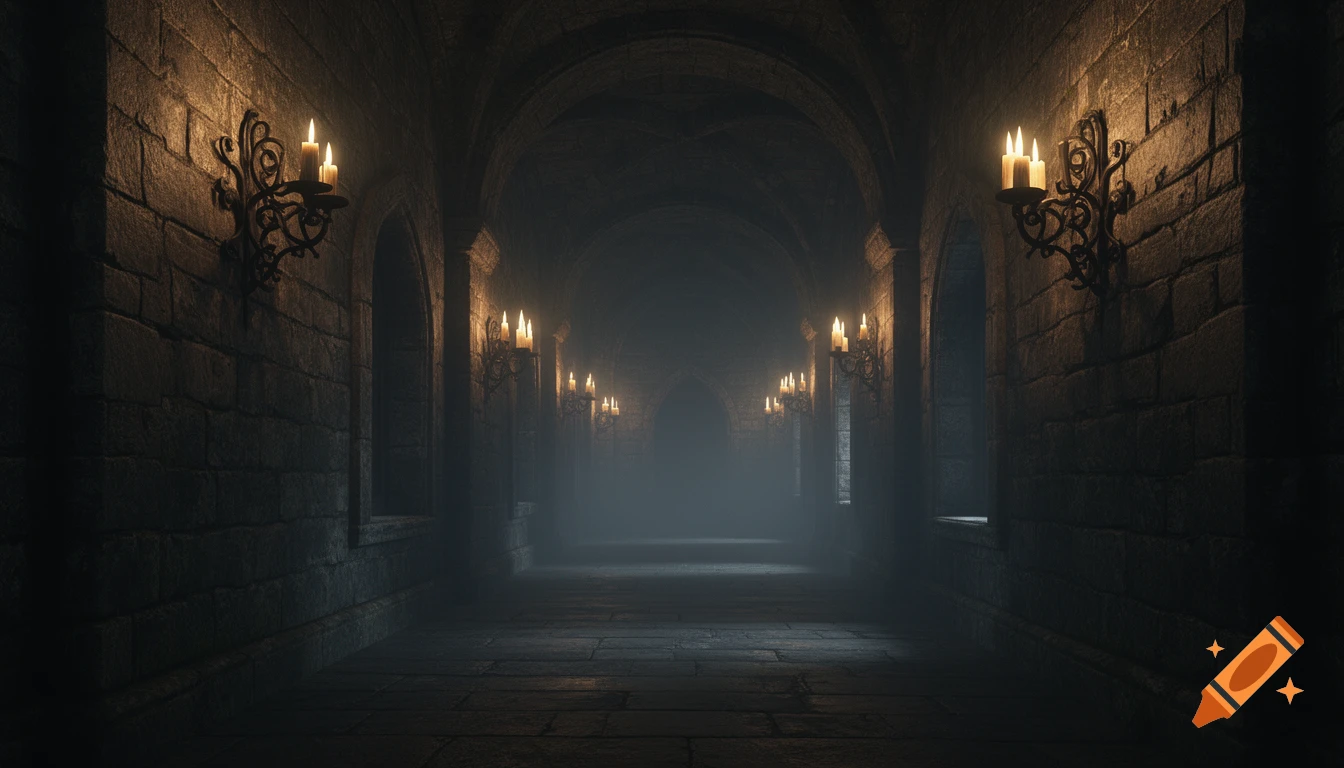 Dark medieval stone corridor illuminated by flickering wall-mounted candles, with atmospheric fog and moody shadows, photorealistic.