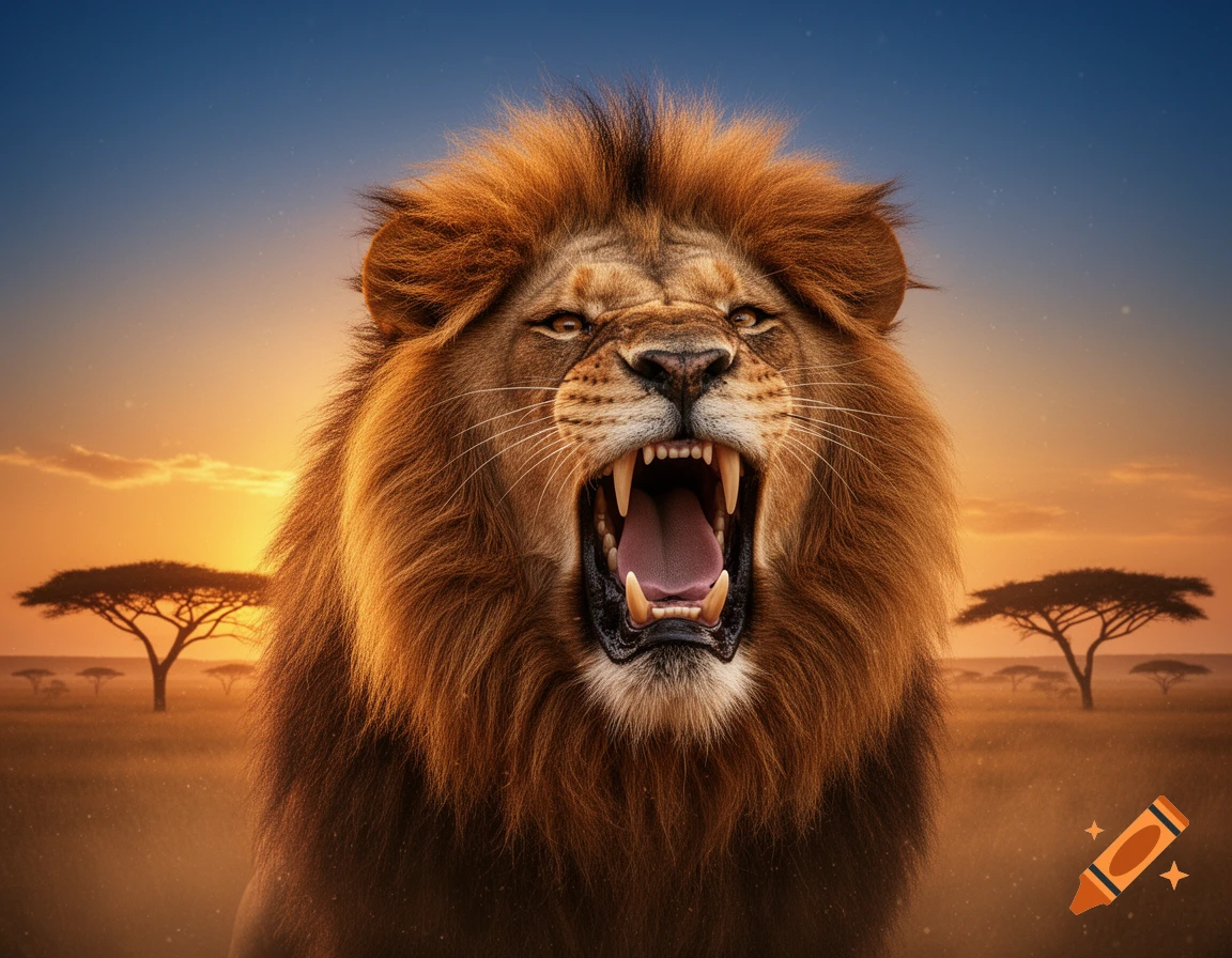 Photorealistic close-up of a majestic lion roaring, showing fangs, in an African savanna at sunset with acacia trees.