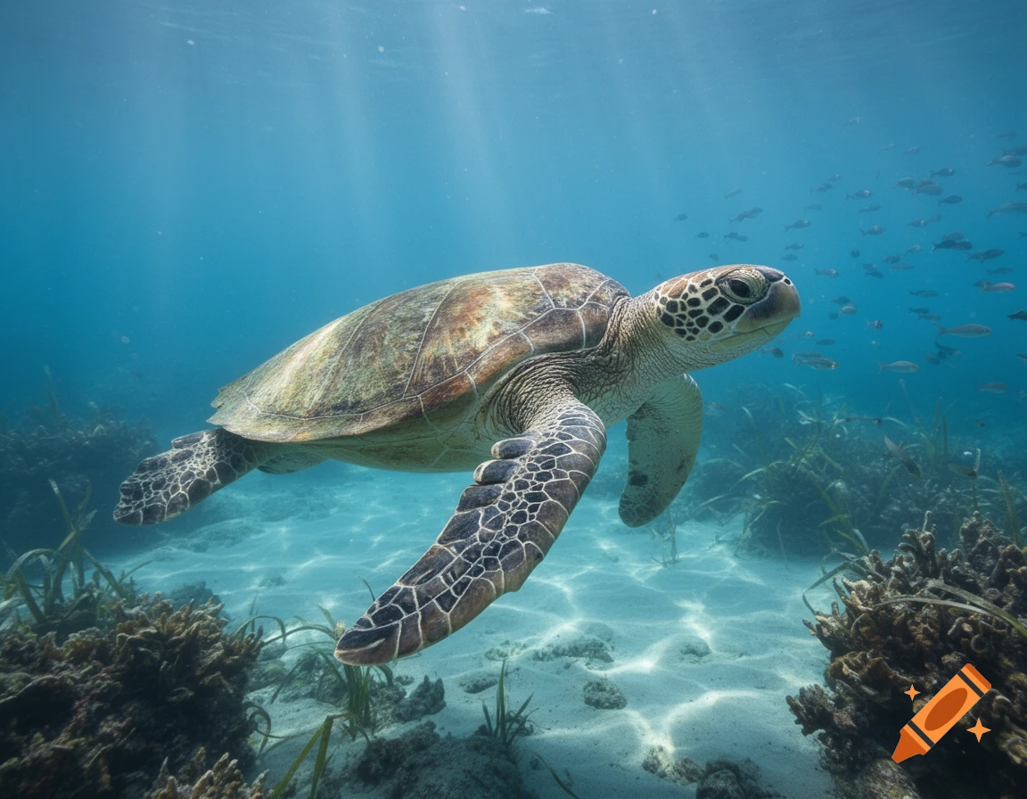Photorealistic shot of a large sea turtle swimming gracefully in clear blue ocean water, with coral and small fish.