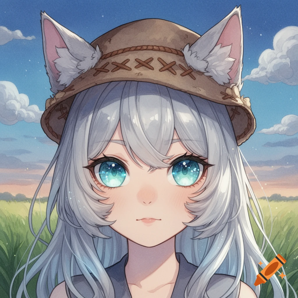 Anime portrait of a catgirl with silver hair, bright blue eyes, wearing a brown hat, against a grassy field and blue sky.