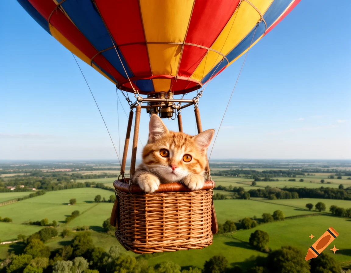 A cute ginger cat peers out from a wicker basket of a colorful hot air balloon, soaring over green fields under a clear blue sky.