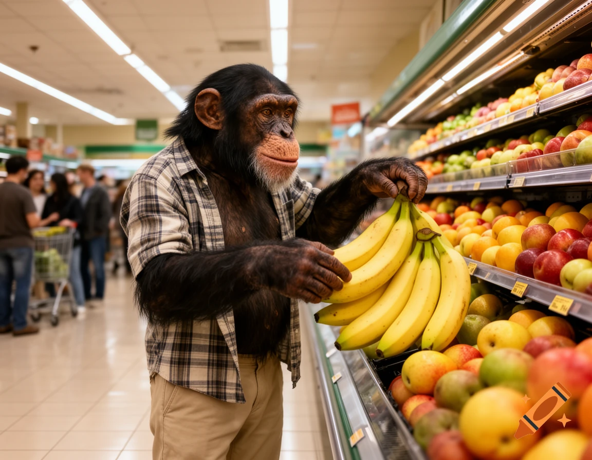A photorealistic chimpanzee in a plaid shirt and khaki pants holds a bunch of bananas while shopping in a brightly lit supermarket produce aisle.