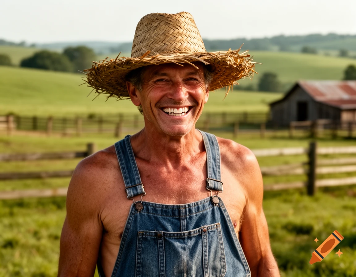 A smiling man in a straw hat and denim overalls without a shirt stands in a sunny rural field with a barn in the background.