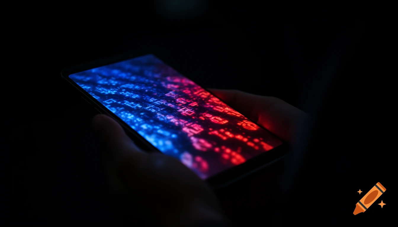 A close-up shot of hands holding a smartphone in darkness, its screen glowing with blue and red digital code patterns.