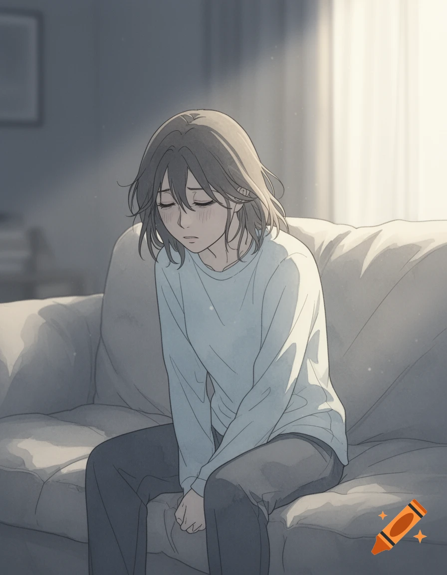 An anime-style woman with brown hair sits on a couch, looking down with a sad, fatigued expression.