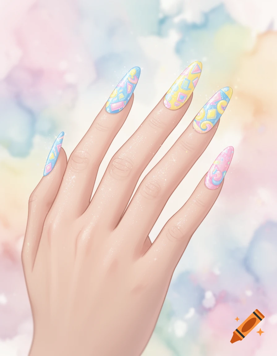 Illustrated hand with long, sparkly nails featuring pastel blue, yellow, and pink geometric patterns on a colorful background.