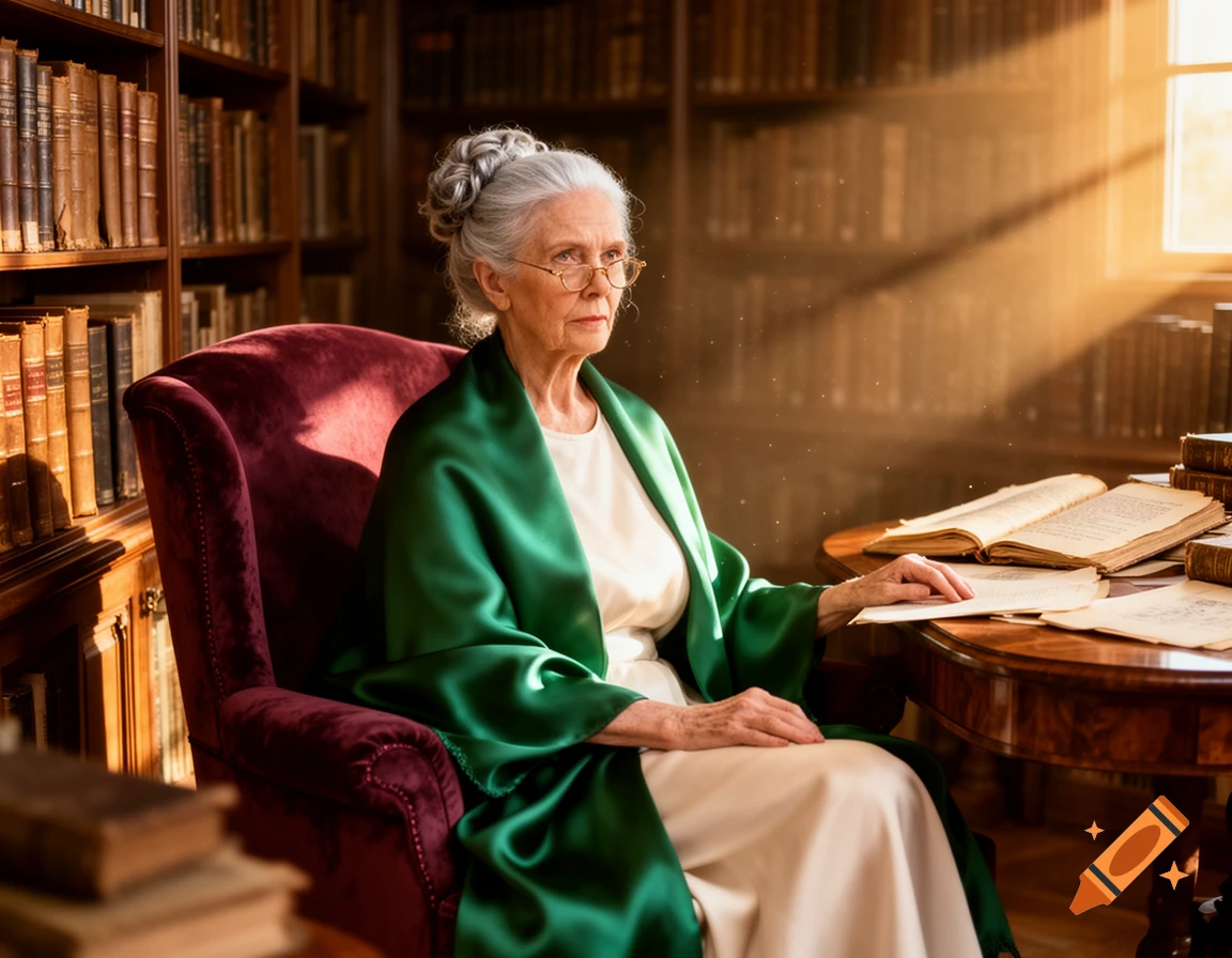 Photorealistic portrait of an elegant elderly woman with glasses, seated in a crimson armchair in a sunlit library, surrounded by books.