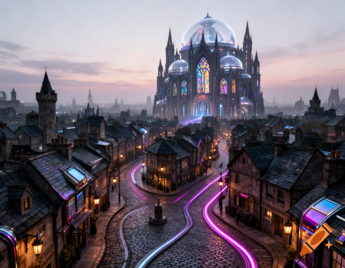 A fantasy city at dusk, blending medieval architecture with futuristic ...