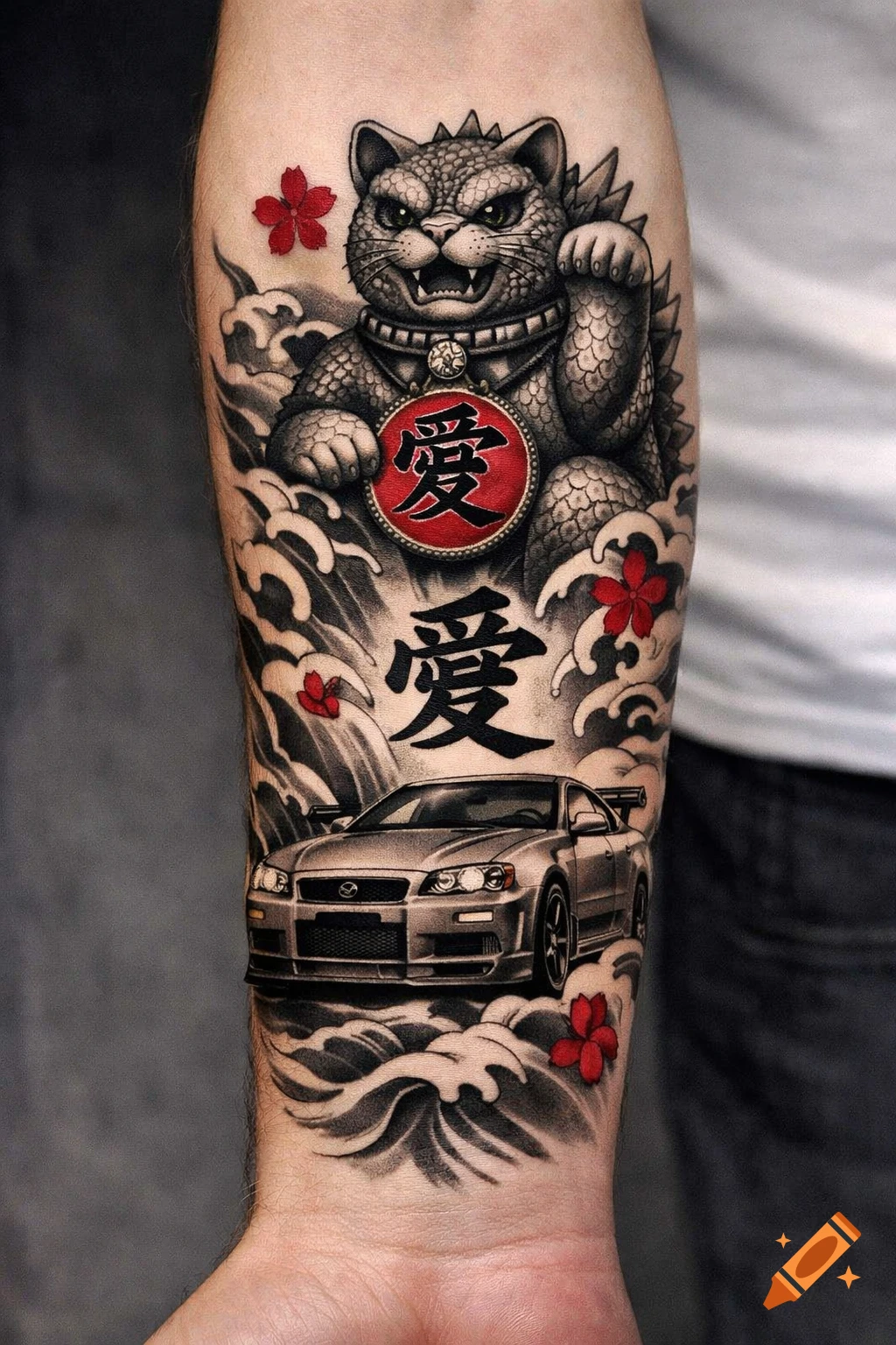 Black and gray tattoo on an arm: Godzilla-style Maneki-neko, Kanji 'love' ("愛"), Nissan Skyline GT-R R34, waves, and red cherry blossoms.