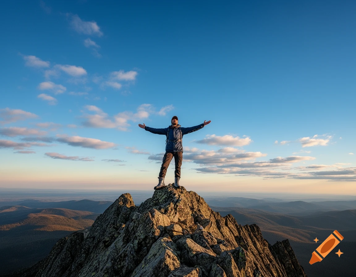 A hiker with outstretched arms stands on a rugged mountain peak, overlooking a vast landscape at sunset.