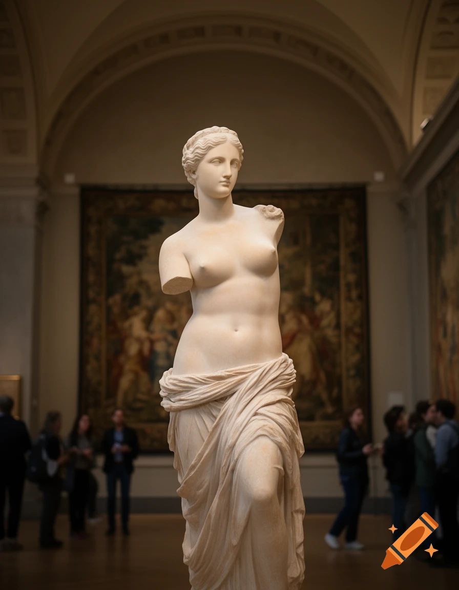 A close-up of the ancient Greek Venus de Milo statue, featuring a partially draped torso, displayed prominently in a museum hall with blurred figures in the background.