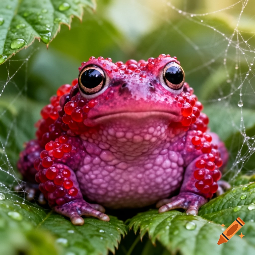 A photorealistic red and pink frog, textured like a raspberry, sits on green leaves with water droplets and a delicate spiderweb.