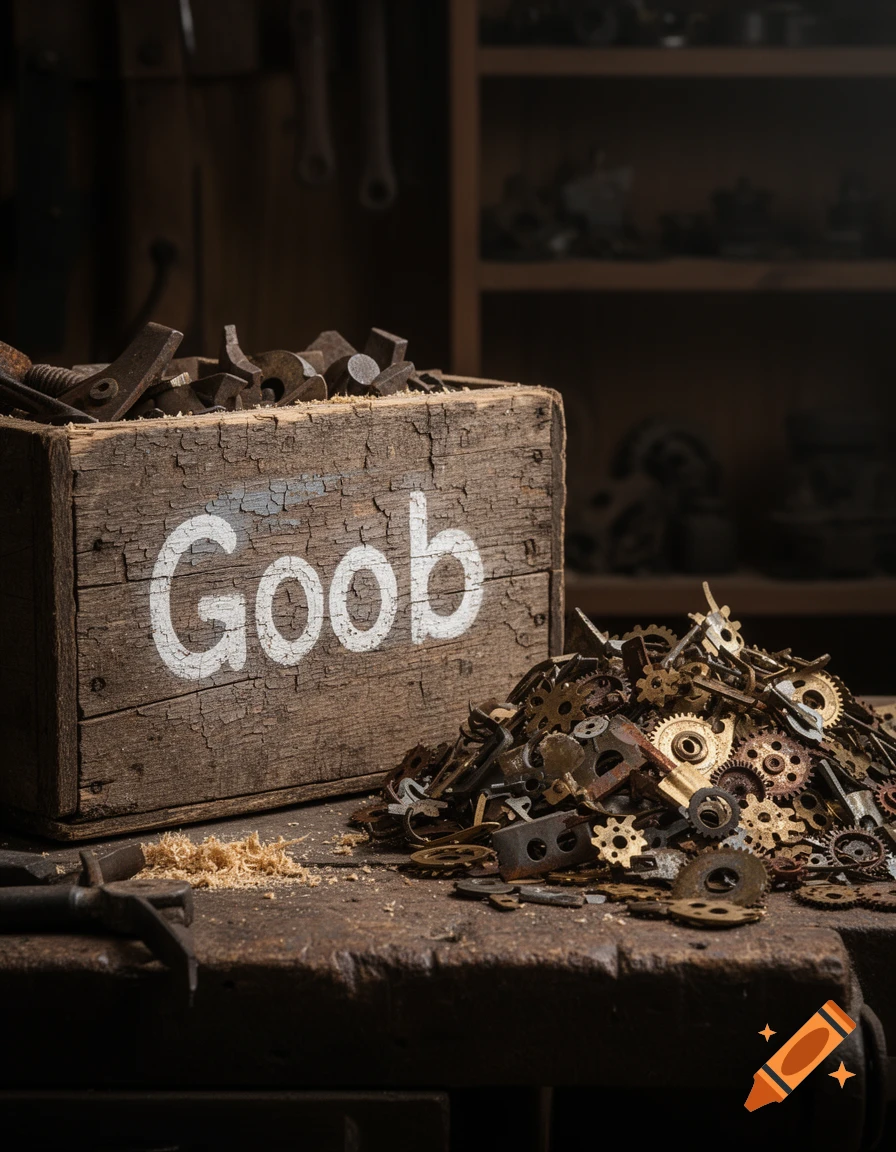 A wooden box labeled 'Goob' filled with metal scraps, alongside a pile of gears and mechanical parts on a workbench in a dim workshop.
