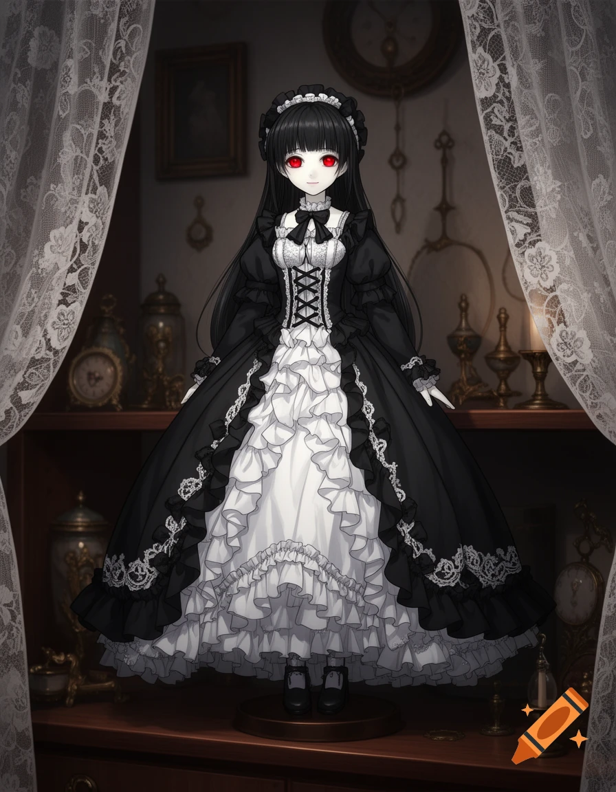 Anime porcelain doll with black hime hair, red eyes, and ivory skin, wearing a black and white gothic lolita dress, standing in a vintage room.