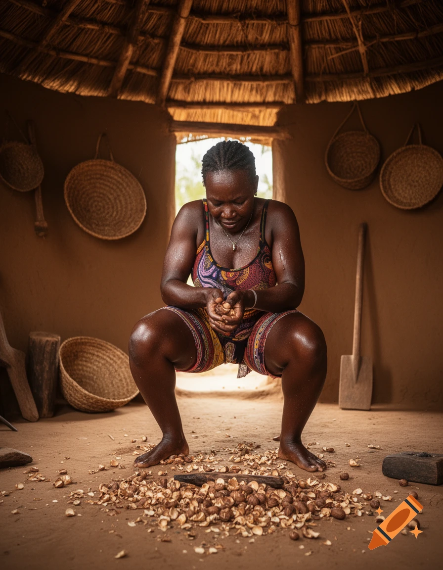 An African woman squats inside a traditional hut, holding nuts over a pile of shells on the dirt floor, photorealistic.