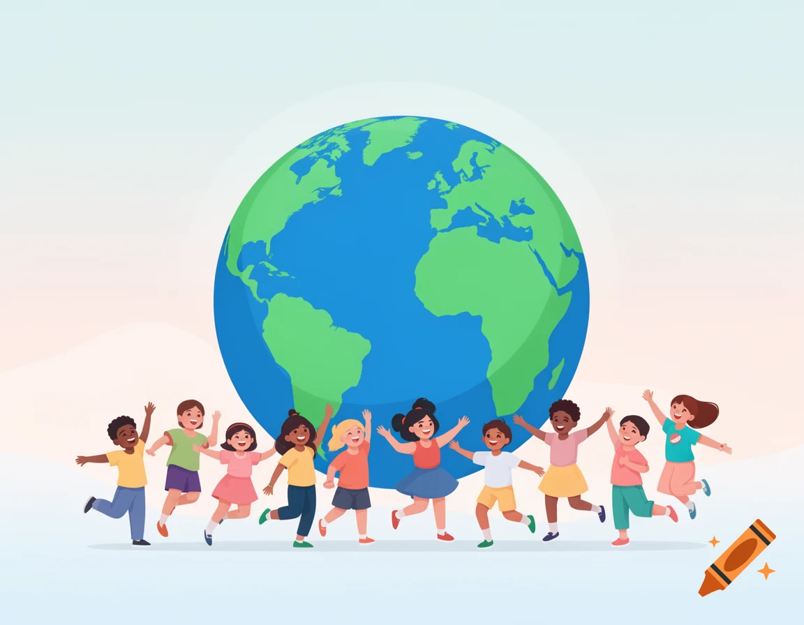 Diverse children playing and jumping with their arms up in front of a blue and green planet Earth, in a vector illustration style.