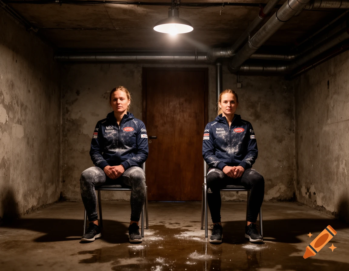 Two women, possibly athletes, in athletic wear sit on chairs in a gritty, concrete basement under a single bare lightbulb. They have white powder on their clothes and the floor.