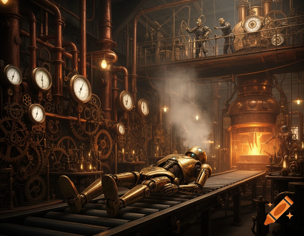 A golden robot lies on a conveyor belt in a detailed steampunk factory with gears, pipes, gauges, and a glowing furnace.