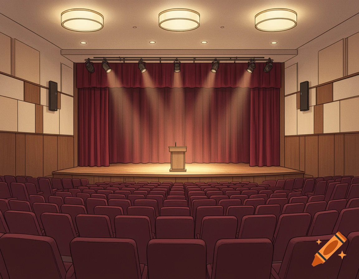 Illustrated empty high school auditorium with red seats, a stage with red curtains, a podium, and bright lights.