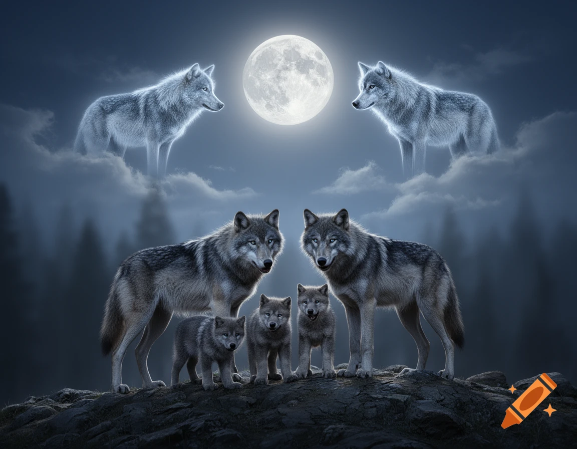 A pack of wolves and three pups stand on a rocky outcrop under a full moon, with two spectral wolves floating in the clouds above.