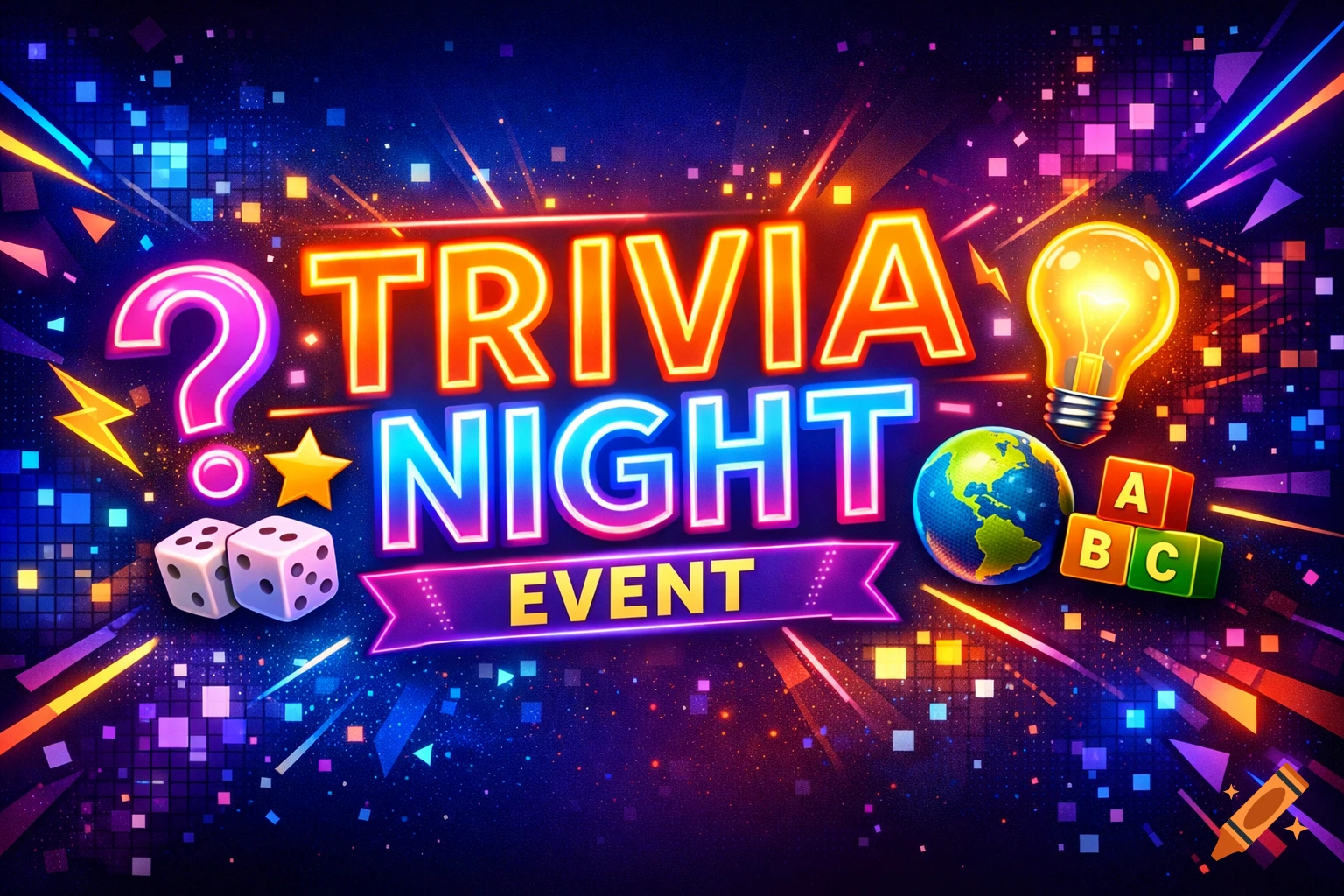 Vibrant neon 'Trivia Night Event' banner with a question mark, lightbulb, globe, dice, and alphabet blocks on a sparkling blue background.